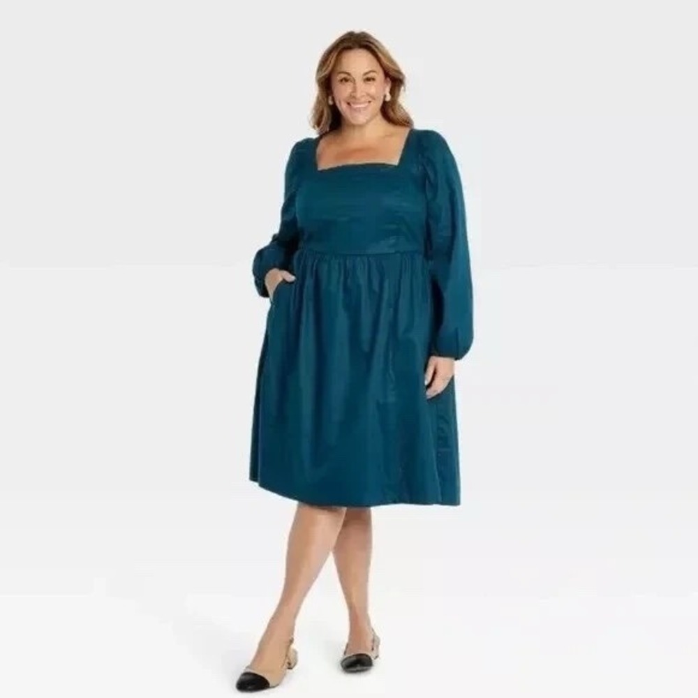 Ava & Viv Teal‎ Square Neck Smocked Bodice Long Sleeve Midi Dress Plus Size 3X